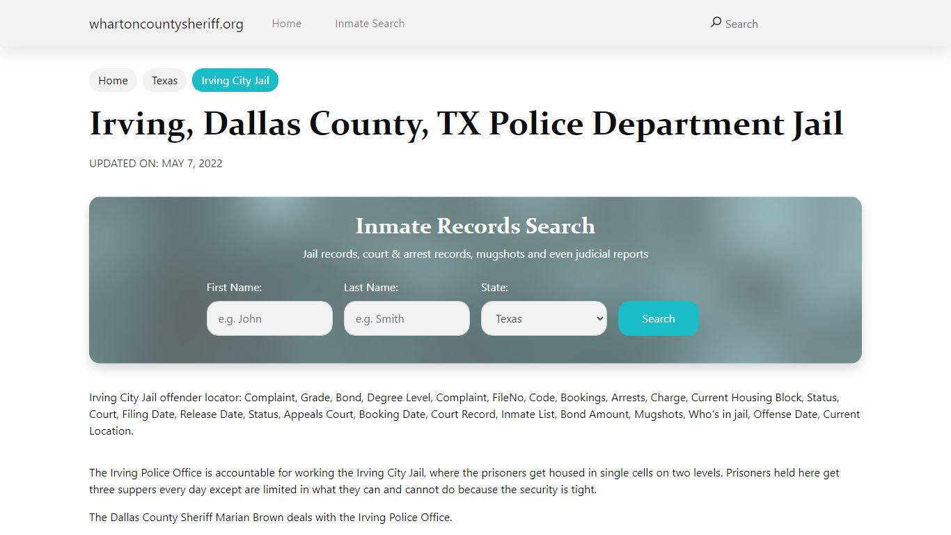 Irving, TX City Jail Inmates, Arrests - Wharton County Sheriff